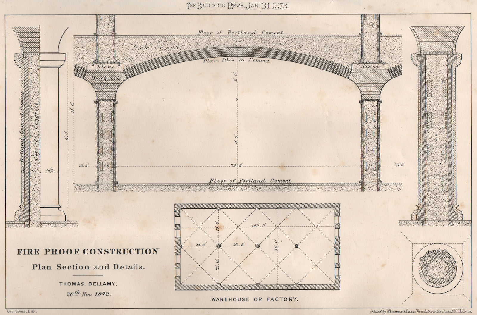 Fire proof construction plan section & details; Thomas Bellamy 1873 old print